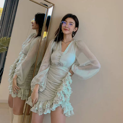 D0LLY Luxury French Style V-Neck Long Puff Sleeve Chiffon Pleated Ruffle Dress-VERA