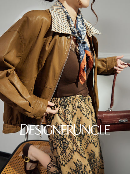DGU|Brown leather retro loose high-end temperament fashion jacket  - Stephan.