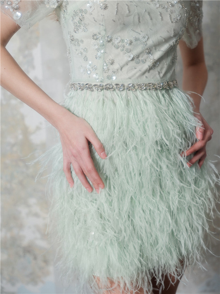 Wardrobes by Chen Luxury Mint Square Neck Lace Short Sleeve Cocktail Dress-Saint