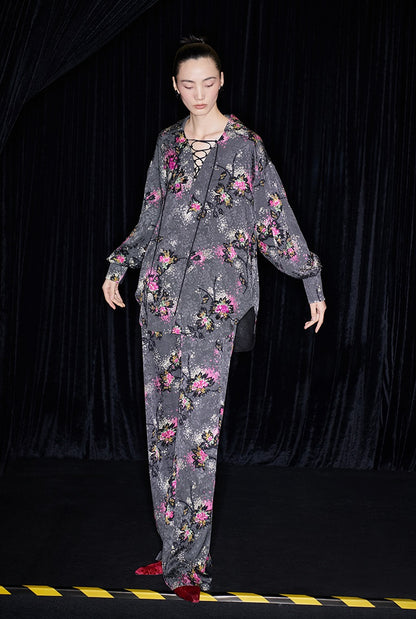 M essential Mackay designer cherry blossom print beads scissor neck loose top - NOCTAINE.