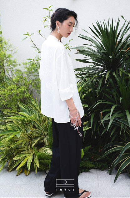 TUYUE White Acetate Satin Jacquard Buckle Shirt- SANDRA.