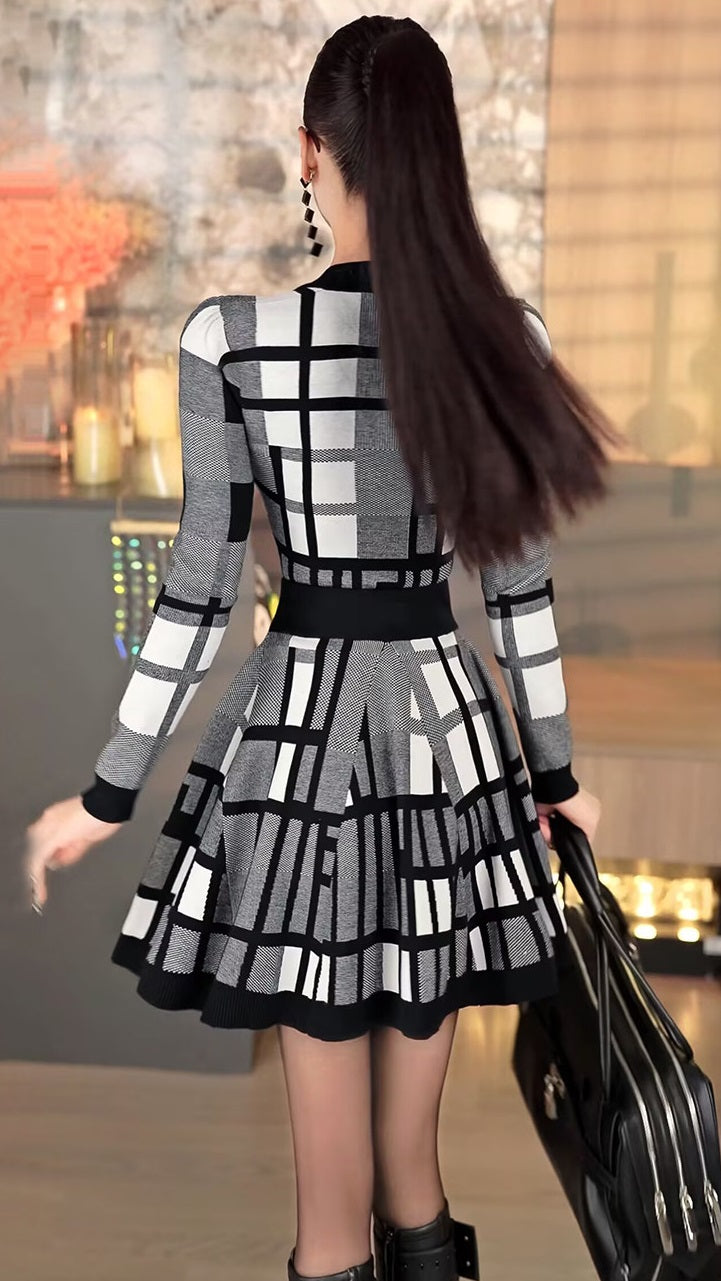 VJE  Plaid Jacquard Knitted Square Neck Top Hip Skirt Two-Piece Set - OLLY.