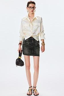 ANNASPEAK  cotton skirt high-waisted temperament denim skirt -MOMO.