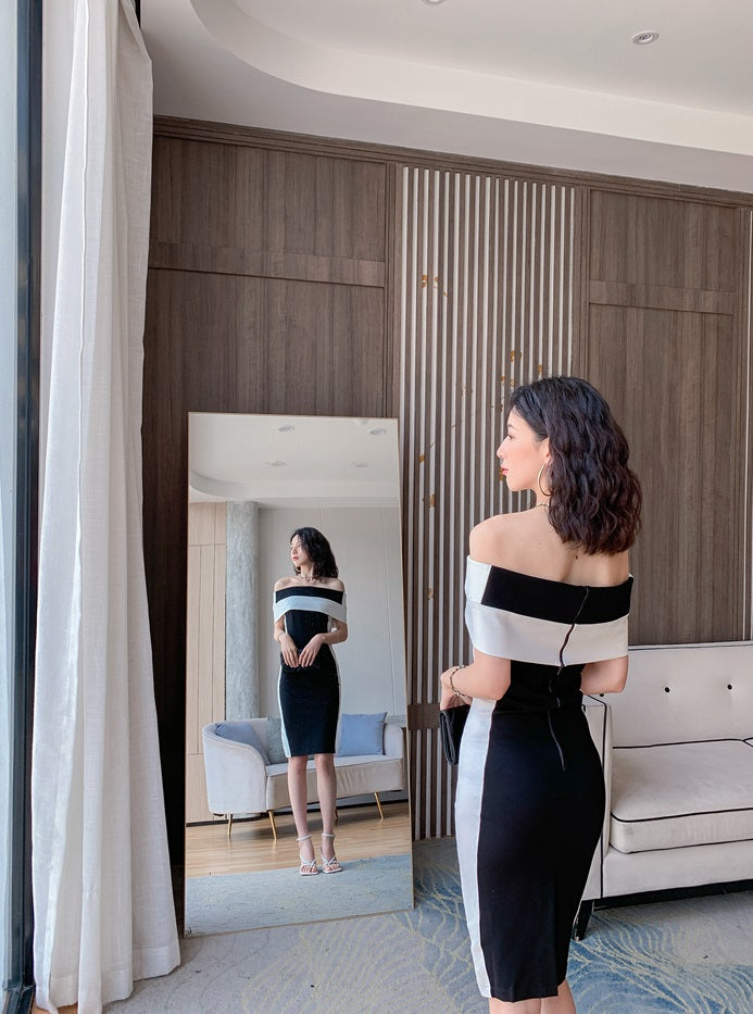 DOLLY Elegant Black and White Off Shoulder Short Sleeve Long Bandage Dress-MAZE