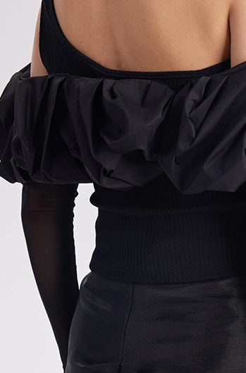 TINY IN  ruffle slanted shoulders cropped top with mesh sleeve -ZAN