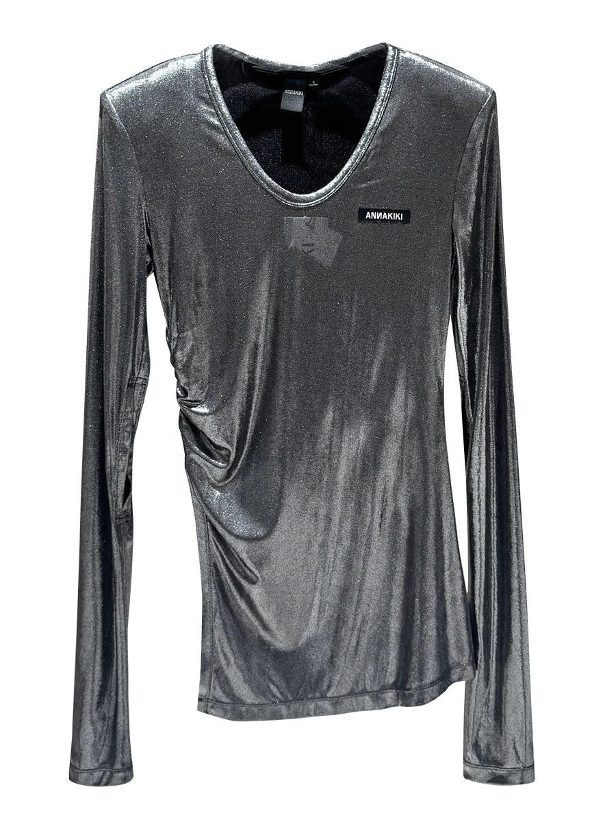 ANNAKIK designer model Silver gray pinch pleated diagonal slit long sleeve top-ICHIGO