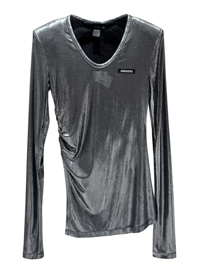 ANNAKIK designer model Silver gray pinch pleated diagonal slit long sleeve top-ICHIGO
