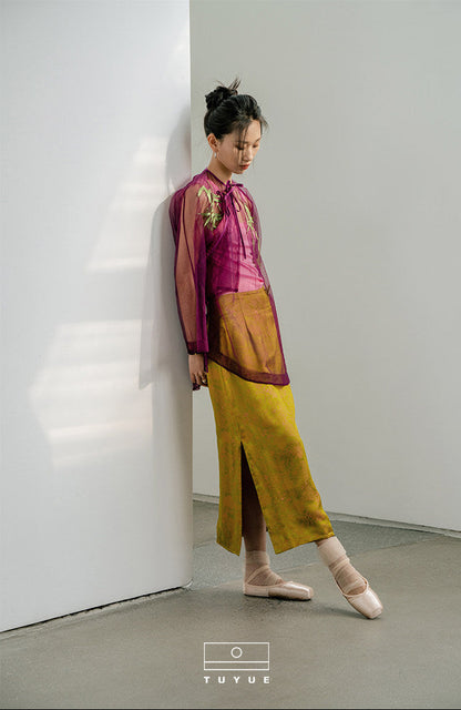 TUYUE Silk Jacquard Yellow Slit Slim Skirt - LANDON.