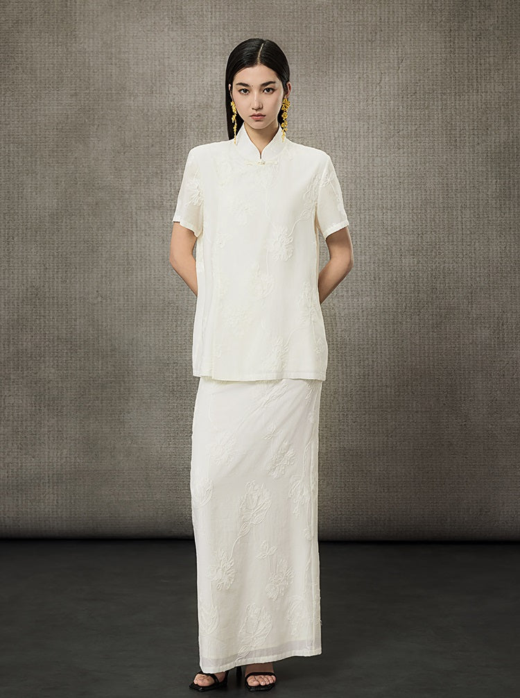 HECO Short Sleeve Mandarin Neckline Loose Summer Top - CENTER.