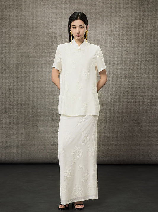 HECO Short Sleeve Mandarin Neckline Loose Summer Top - CENTER.