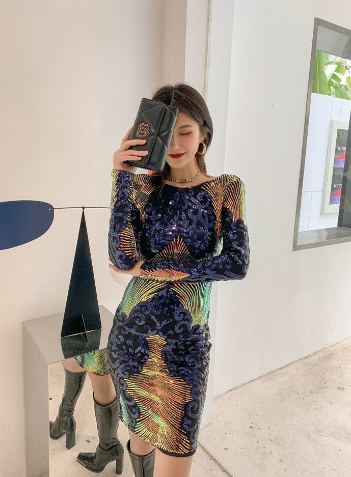 DOLLY Elegant Crew Neck Long Sleeve Slim Fit Short Sequin Party Dress-CONNIE