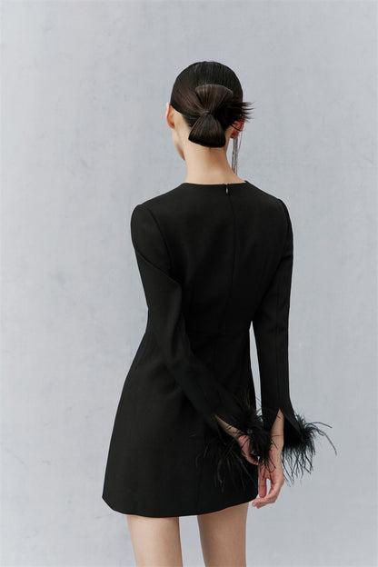 PURITY  Elegant Modern Feathers minimalist long-sleeved little black dress- Dennie