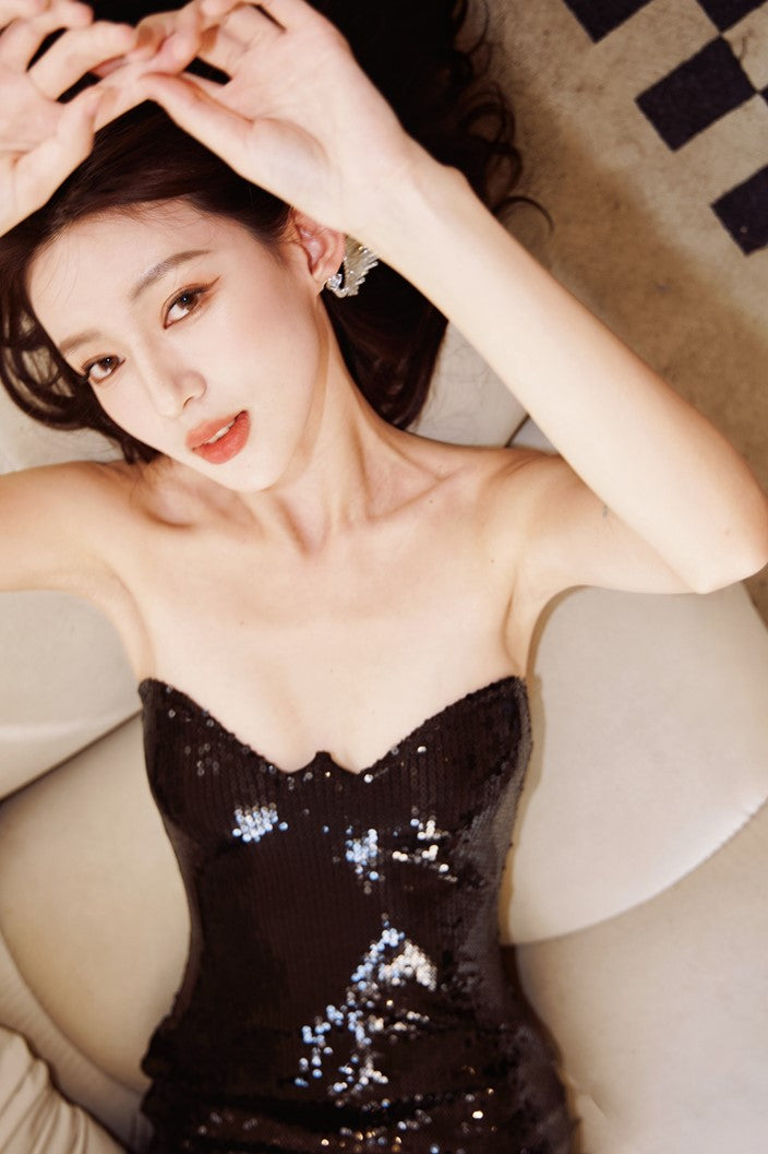 DOLLY Elegant Black One Shoulder Sequin Tube Top Short Feather Party Dress-MAVIS