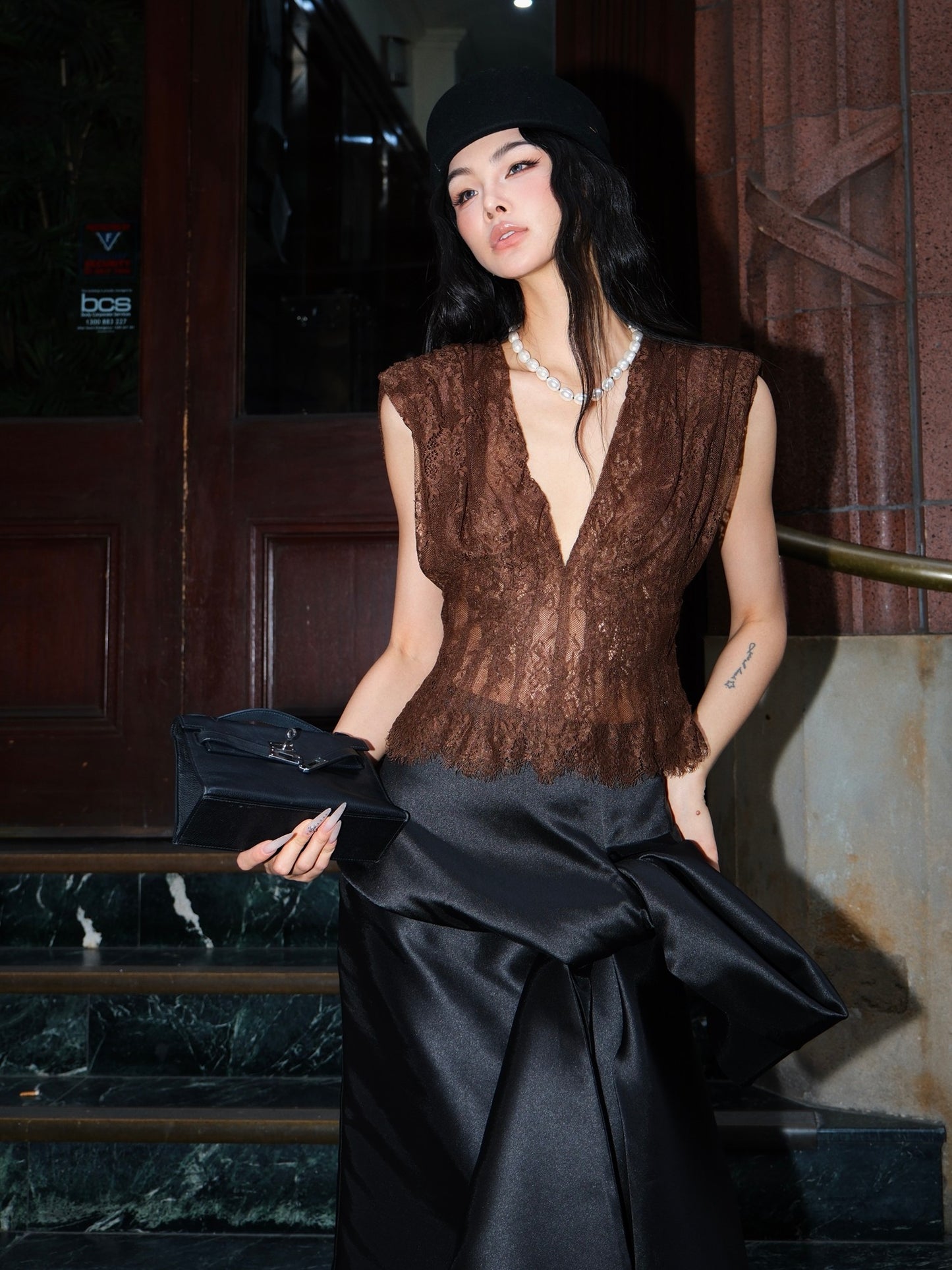 MEI SANGUAN Chocolate Padded-Shoulder Lace Camisole - ALEXANDER
