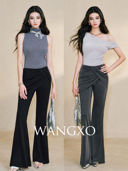 WANGXO Smooth Modal Cupro Beads Low-Waisted Slim Flared Layered Pants - SELMA