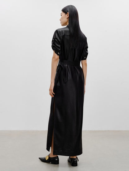 COMME MOI Lu Yan designer women's hunting straight side slit maxi skirt dress - LAYLA.