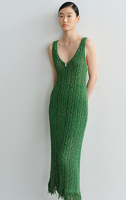 COMME MOI Lv Yan Designer Spring Women's V-Neck Sandwich Color Cutout Knit Dress - NATALIE.