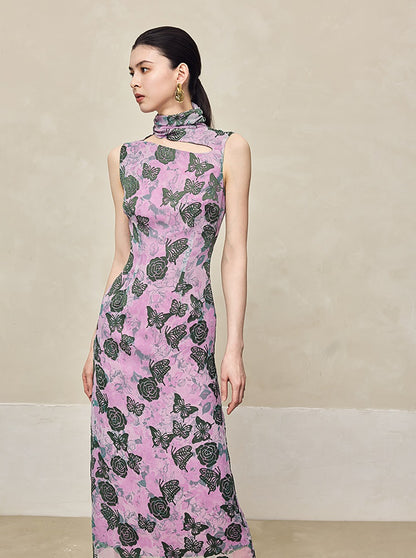 HECO Burnt flower hollow slim sleeveless purple midi dress woman - MIGHT.