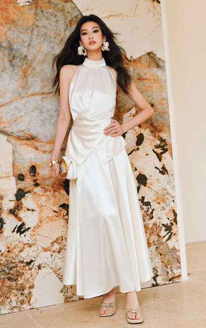 WANGXO | Pearl Lustrous Luxury Gilt Satin  Halterneck Folded Waist Top & High-Waisted Umbrella Skirt Set - ARIA