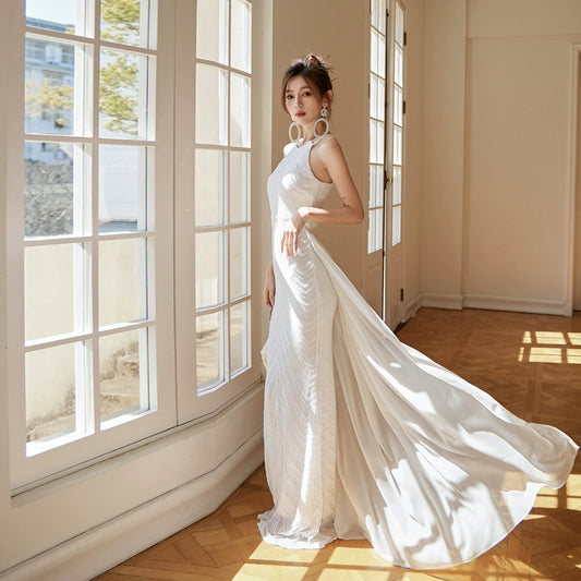 DOLLY High End Sleeveless Halter Neck Sequin Embroidery Long Banquet Dress-KATRINA