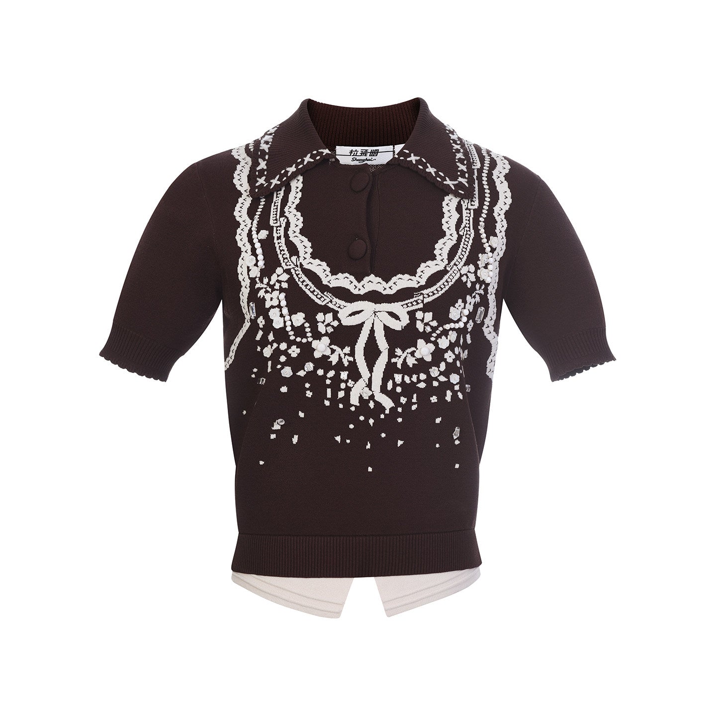 FAME Three-dimensional Jacquard Lapel Knitted Short Sleeve Knit Top - BRIAR.