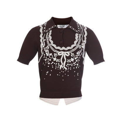 FAME Three-dimensional Jacquard Lapel Knitted Short Sleeve Knit Top - BRIAR.