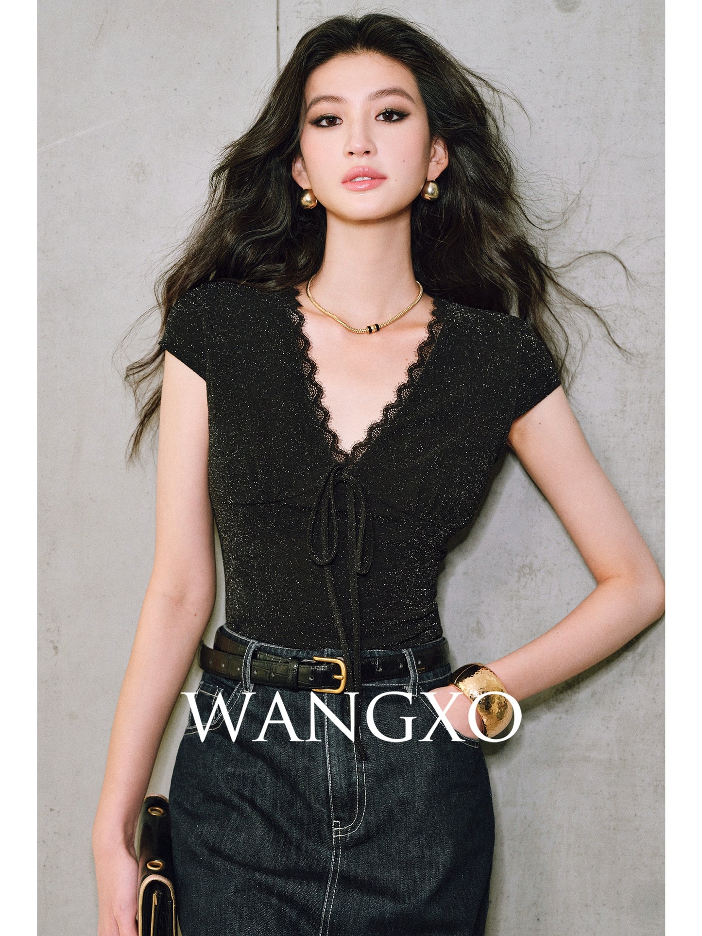 WANGXO | Sparkling Silk High-Density Knit Hand-Shaped Lace Detail V-Neck Slim Fit Top -NOYA