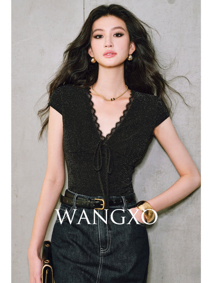 WANGXO | Sparkling Silk High-Density Knit Hand-Shaped Lace Detail V-Neck Slim Fit Top -NOYA