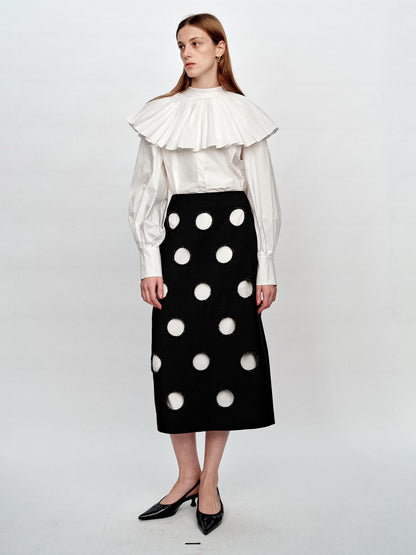 SERRER Black and white polka dot cut-out heavy studded beaded skirt - ALEXANDER.