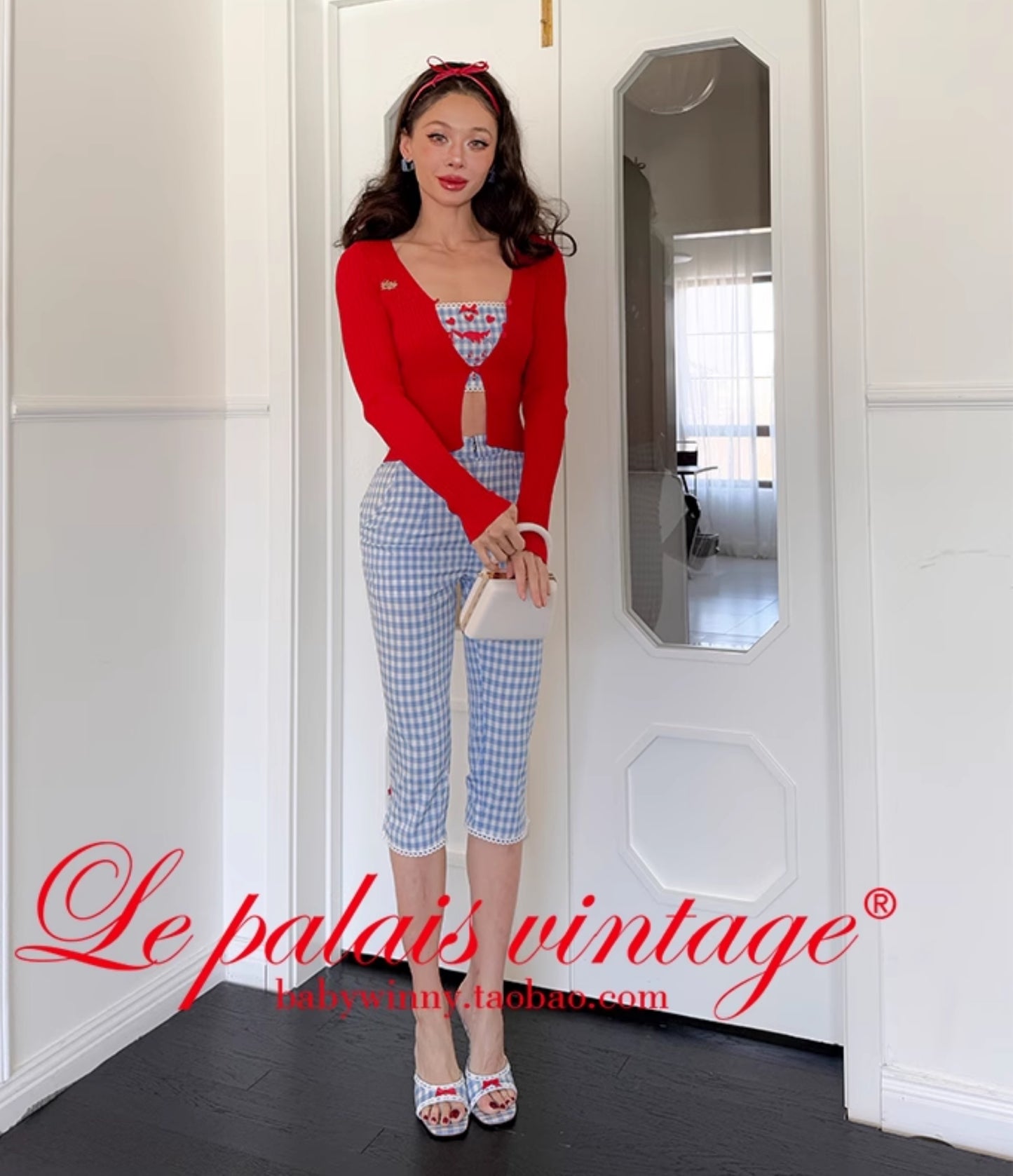 Le Palais Vintage French  Blue  Shorts Red Slim Cardigan- ELFS.