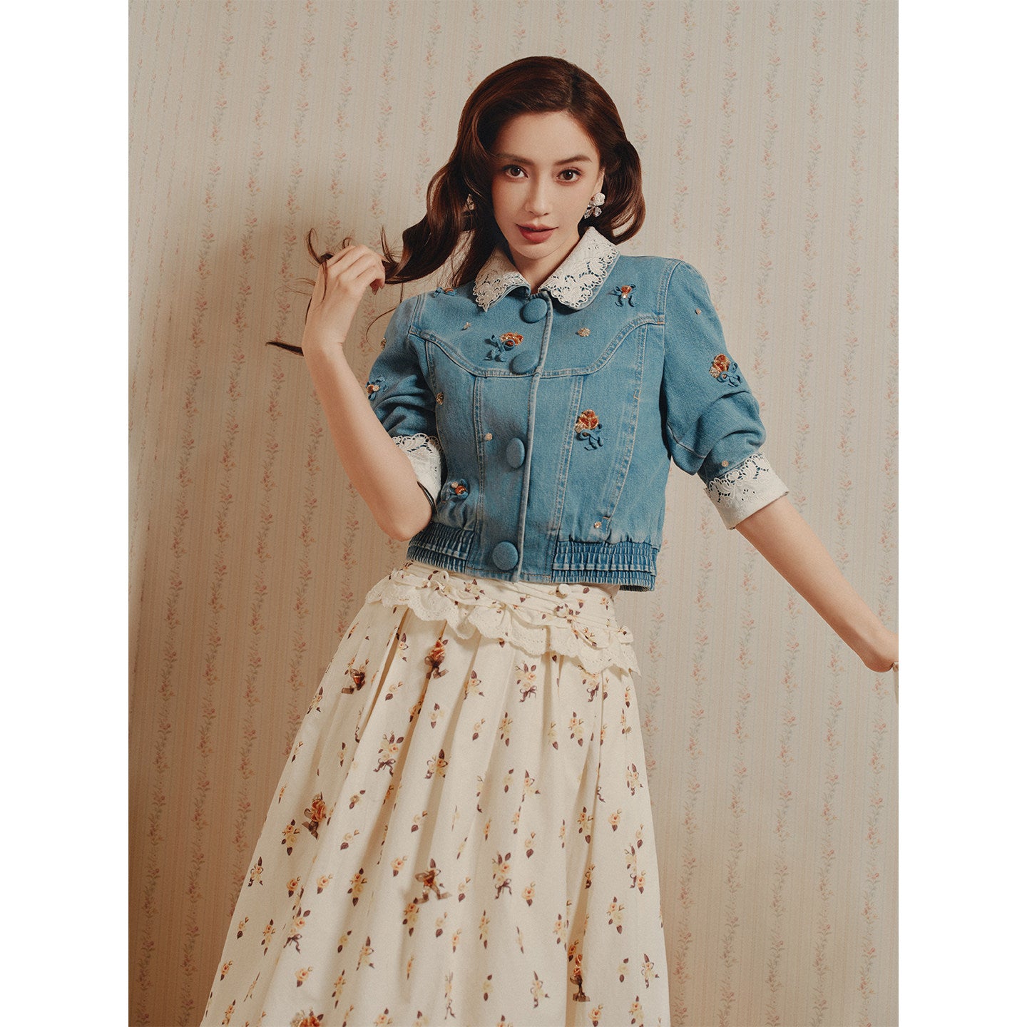 FAME embroidered collar beads bow denim jacket - ETHAN