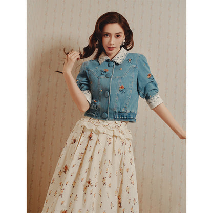 FAME embroidered collar beads bow denim jacket - ETHAN