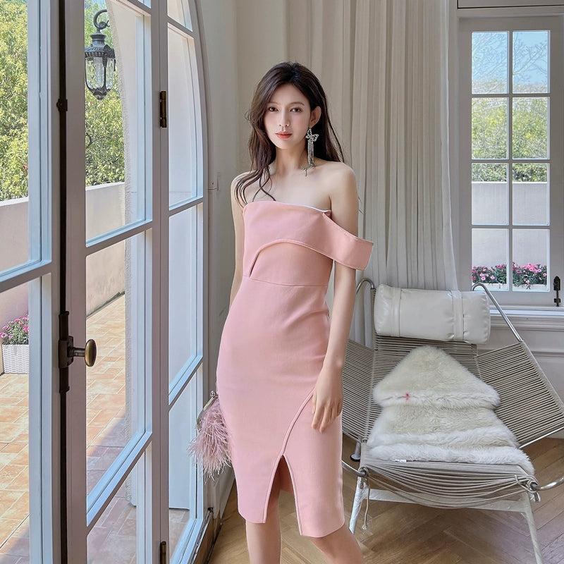 DOLLY Luxury Peach Sleeveless Off Shoulder Knitted Midi Banquet Dress-MANA