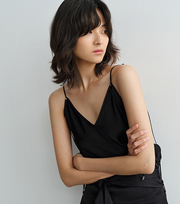 COMME MOI Lv Yan Designer Summer Women's Patchwork Satin V-Neck Sling - LEINANI.