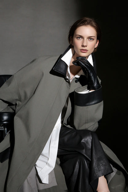 PIAOIN sheepskin stitched collar design sense trench coat women's unisex style-DEX