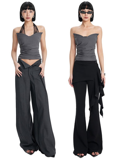 TINY IN  irregular sexy lace spliced gray halter neck top-FLORA