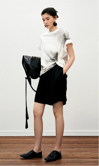 ZHUCHONGYUN  black flower bud drawstring belt loose shorts--REVY.