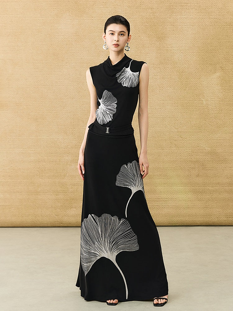 HECO Chinese Style Elegant Swing Neck Sleeveless Ginkgo Biloba Print T-Shirt - BOBA.