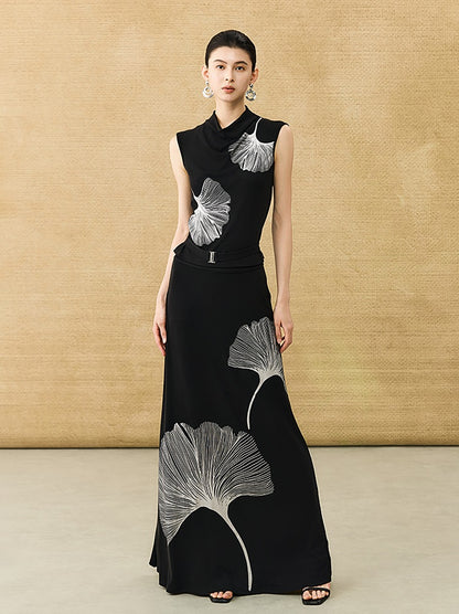 HECO Chinese Draped Summer Heavy Industry Ginkgo Biloba Print Slim Skirt - COLS.