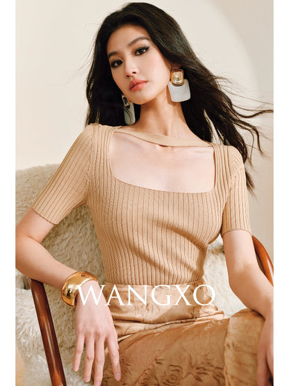 WANGXO | Phantom Shiny Silk with Hemp Retro Square Neck Slim Ribbed Knit Short Sleeve Top -ZARA