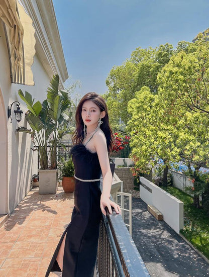 DOLLY Elegant Sleeveless Feather Tube Top Hip Wrap Dinner Dress-KALE