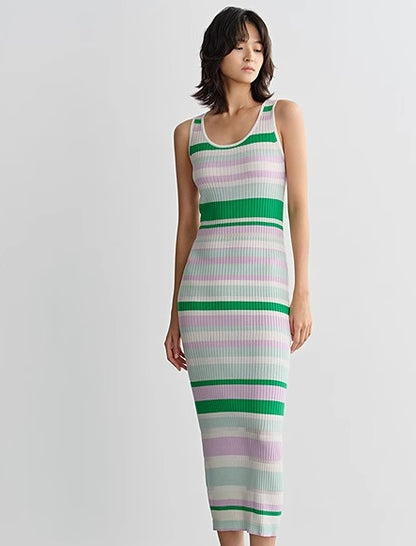 COMME MOI  summer colorful striped skinny wool knit dress - HARPER.
