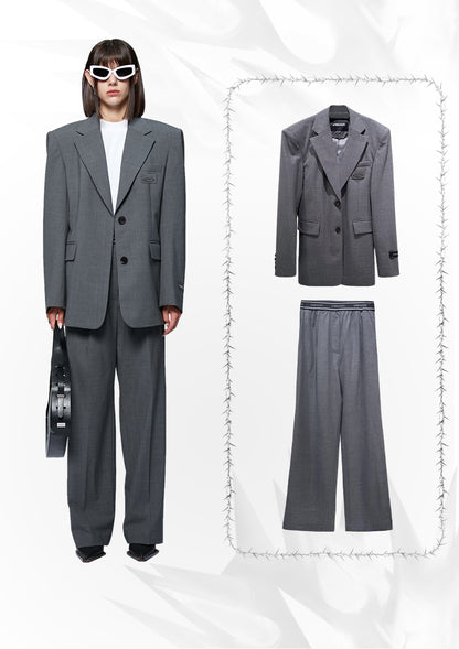 ANNAKIKI designer gray wool elastic waist wide-leg casual trousers-UZUMAKI