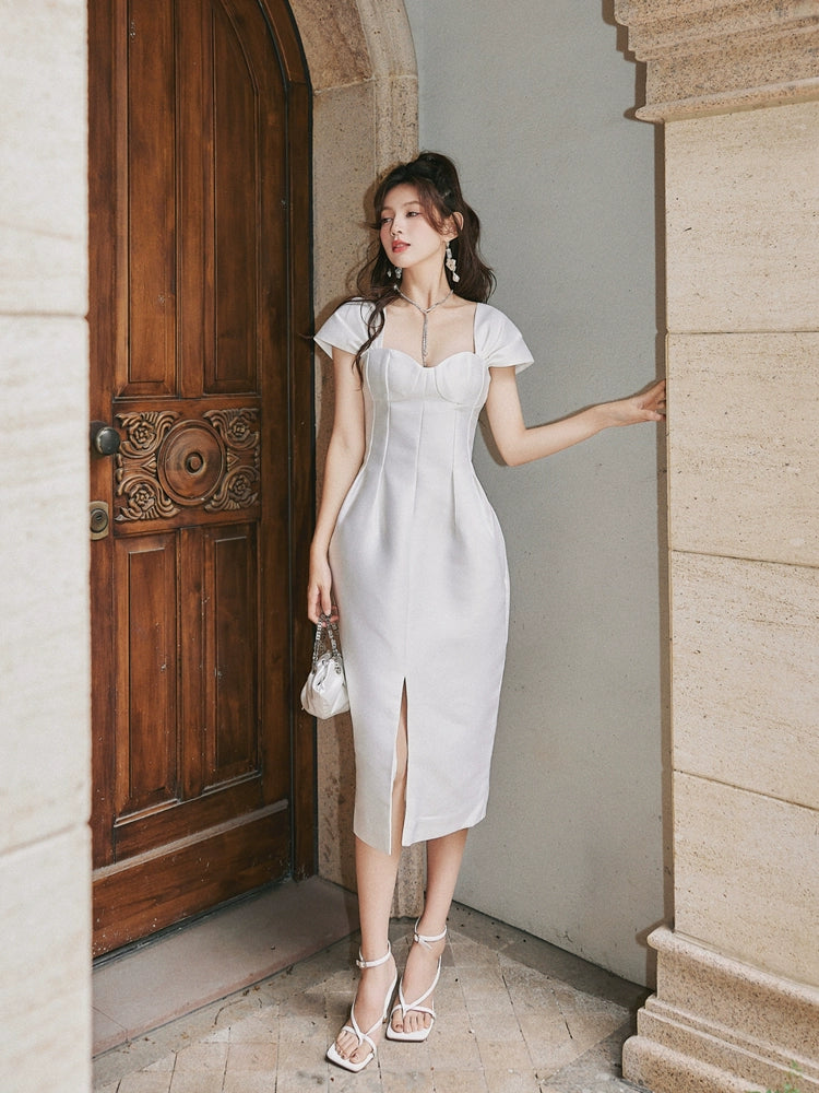 DOLLY Luxury French Style Square Collar Short Puff Sleeves Flower Bud Midi Dress-SARAH