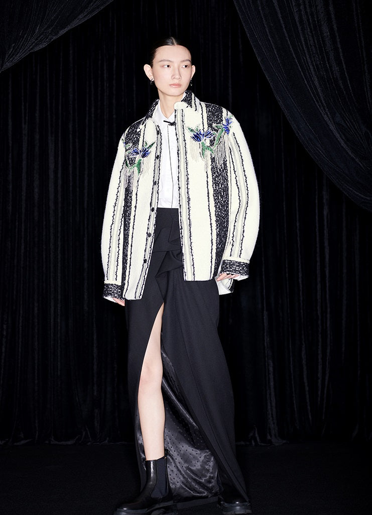 M essential Mackay designer wool stripe workshop embroidered coat - step.