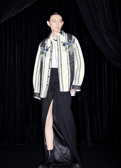 M essential Mackay designer wool stripe workshop embroidered coat - step.