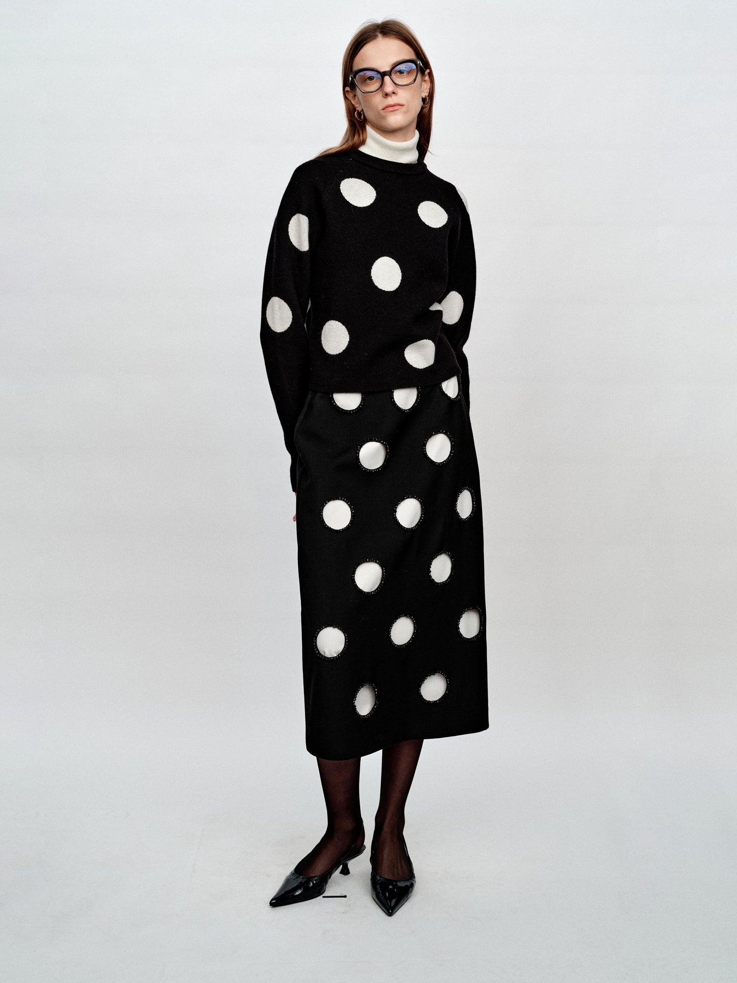 SERRER Black and white polka dot cut-out heavy studded beaded skirt - ALEXANDER.