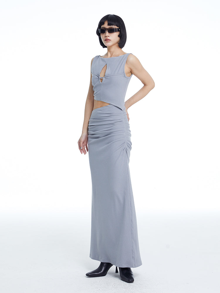 TINY IN knitted faux two-piece women's pleated long dress -CHARMY