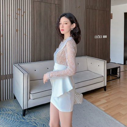 DOLLY Elegant White V-Neck Long Sleeve High Waist Peplum Short Date Dress-LOUIS