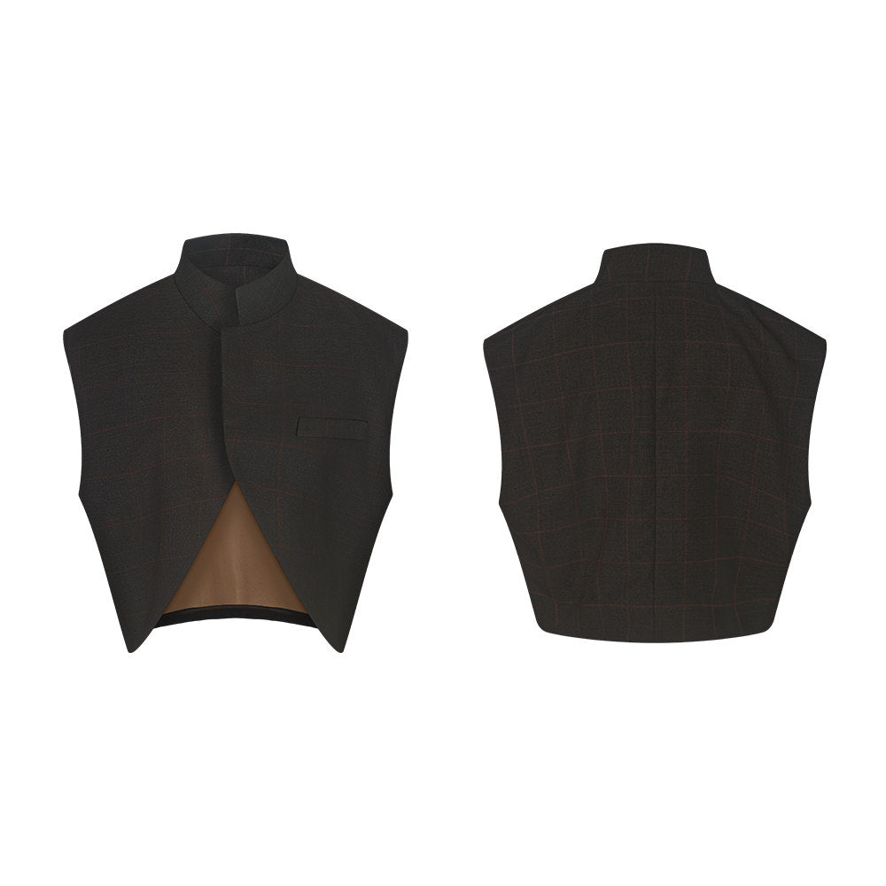 TUYUE wool coffee color dark check short vest - CHRISTINA.